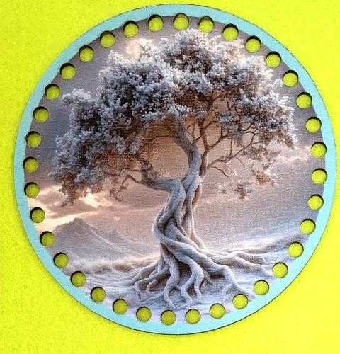 Bază din lemn imprimată pentru croșetat, 15 cm, cu găuri de 7 mm, model arborele vieții alb – 1 buc. – diametru 15 cm, grosime 2,5 mm.