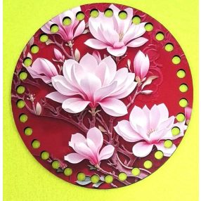   Bază din lemn imprimată pentru croșetat, 15 cm, cu găuri de 7 mm, model floare de magnolie pe fundal roșu – 1 buc. – diametru 15 cm, grosime 2,5 mm.