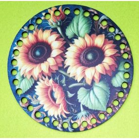  Bază din lemn imprimată pentru croșetat, 15 cm, cu găuri de 7 mm, model buchet de floarea-soarelui – 1 buc. – diametru 15 cm, grosime 2,5 mm.