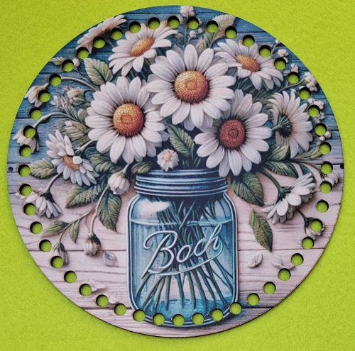 19,5cmBaza din lemn imprimata crosetabila cu gauri de 7 mm, fundal din carton, buchet de flori albe în sticla duncos, 1 buc/pachet, 19,5 cm, grosime 2,5 mm  