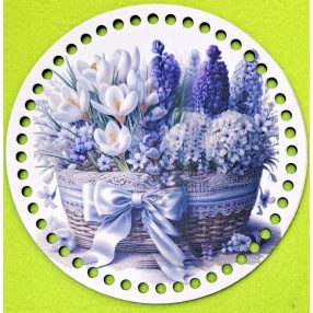   19,5cm Baza din lemn imprimata crosetabila cu gaura de 7 mm, ghiocel și zambilă mov în coș, 1 buc., 19,5 cm, grosime 2,5 mm 