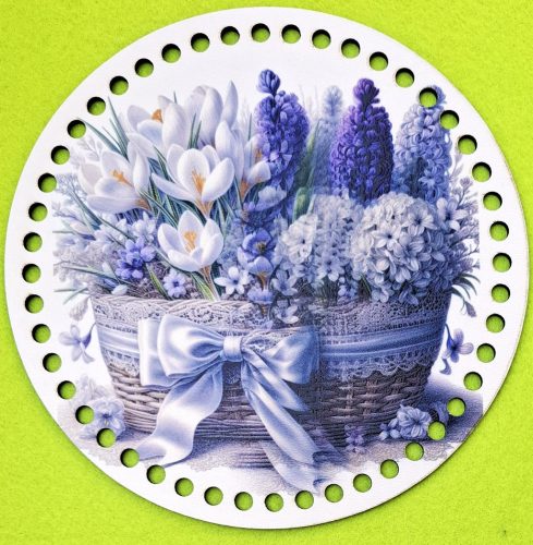 19,5cm Baza din lemn imprimata crosetabila cu gaura de 7 mm, ghiocel și zambilă mov în coș, 1 buc., 19,5 cm, grosime 2,5 mm 