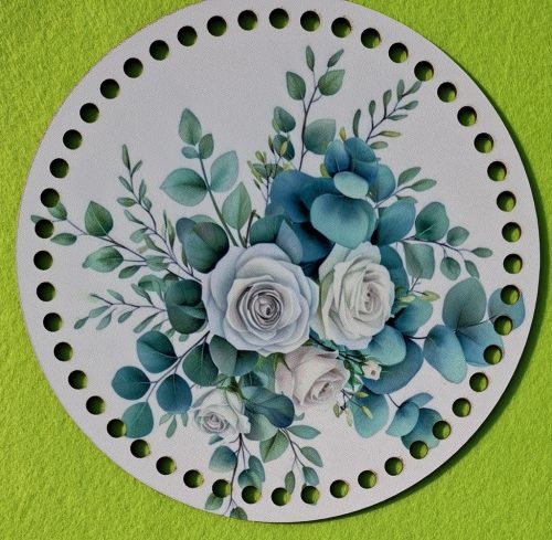 19,5cm Baza din lemn imprimata crosetabil cu gaura de 7 mm Eucalipt cu trandafir alb 1 buc 19,5 cm grosime 2,5 mm  