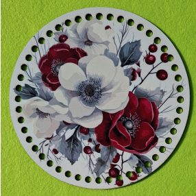   19,5CM Baza din lemn imprimata crosetabila cu gaura de 7 mm, model floral, 1 buc., 19,5 cm, grosime 2,5 mm.   