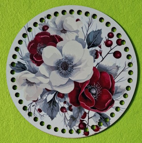 19,5CM Baza din lemn imprimata crosetabila cu gaura de 7 mm, model floral, 1 buc., 19,5 cm, grosime 2,5 mm.   