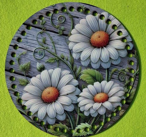 19,5cm Baza din lemn imprimata crosetabila cu gauri de 7 mm Fundal din scandura, model margarete 1 buc 19,5 cm grosime 2,5 mm  