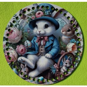   19,5cm Baza din lemn imprimata crosetabila cu gaura de 7 mm Iepuras alb cu palarie. 1 bucata/pachet 19,5cm, grosime 3mm 