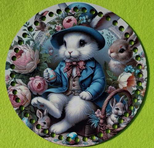 19,5cm Baza din lemn imprimata crosetabila cu gaura de 7 mm Iepuras alb cu palarie. 1 bucata/pachet 19,5cm, grosime 3mm 