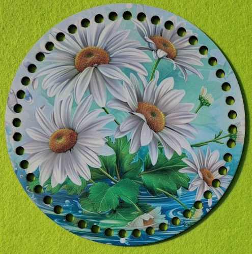 19,5cm Baza din lemn imprimata crosetabil cu gaura de 7 mm, margareta, 1 buc., 19,5 cm, grosime 2,5 mm 