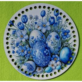   19,5cm Baza din lemn imprimata crosetabila cu ou albastru brodat cu gaura de 7 mm, 1 buc., 19,5 cm, grosime 2,5 mm  