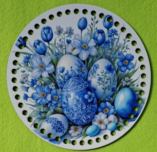 19,5cm Baza din lemn imprimata crosetabila cu ou albastru brodat cu gaura de 7 mm, 1 buc., 19,5 cm, grosime 2,5 mm  