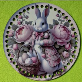   19,5cm Baza din lemn imprimata crosetabila cu gaura de 7 mm Iepuras alb cu floare roz 1 buc. 19,5 cm grosime 2,5 mm  