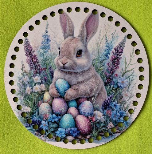 19,5cm Baza din lemn imprimata crosetabila cu gaura de 7 mm Iepuras cu ou în mână printre flori 1 buc/pachet 19,5 cm grosime 2,5 mm  