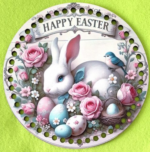 19,5cm Baza din lemn imprimata crosetabil cu gaura de 7 mm Iepuras alb cu flori Inscriptie Happy Easter , 1 bucata/pachet, grosime 2,5 mm.