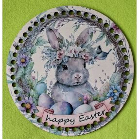   19,5cm Baza din lemn imprimata crosetabil cu gaurs de 7 mm Iepuras cu oua și inscriptia Paște fericit. 1 bucata/pachet, grosime 2,5mm. 