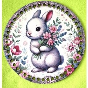  19,5cm Baza din lemn imprimata crosetabil Iepuras alb cu buchet de flori cu 7mm, 1 bucata/pachet, grosime 3mm.