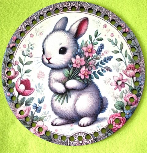 19,5cm Baza din lemn imprimata crosetabil Iepuras alb cu buchet de flori cu 7mm, 1 bucata/pachet, grosime 3mm.