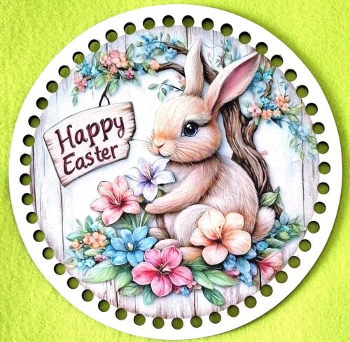 Bază din lemn imprimată pentru croșetat, 19,5 cm, cu găuri de 7 mm, model iepuraș cu flori colorate – 1 buc. – diametru 19,5 cm, grosime 2,5 mm.