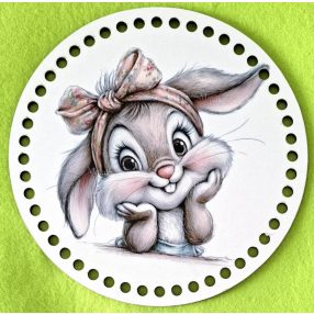   Bază din lemn imprimată pentru croșetat, 19,5 cm, cu găuri de 7 mm, model iepurașă drăguță – 1 buc. – diametru 19,5 cm, grosime 3 mm