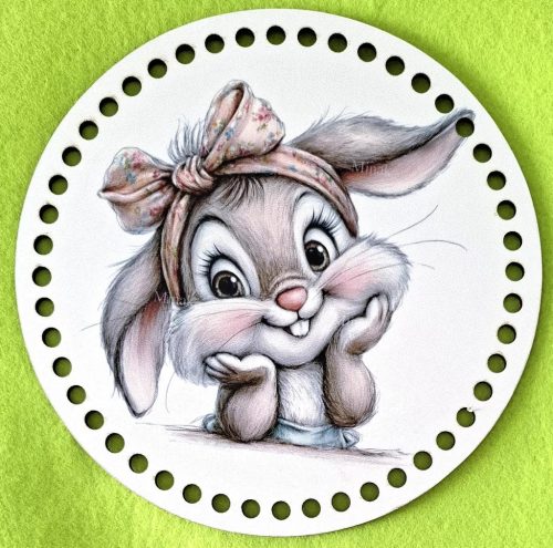 Bază din lemn imprimată pentru croșetat, 19,5 cm, cu găuri de 7 mm, model iepurașă drăguță – 1 buc. – diametru 19,5 cm, grosime 3 mm