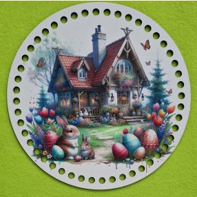   19,5cm Baza din lemn imprimata crosetabila cu gaura de 7 mm, casuta maro în fundal, iepurasi si ouaiîn fata. 1bucata/pachet, grosime 2,5mm.