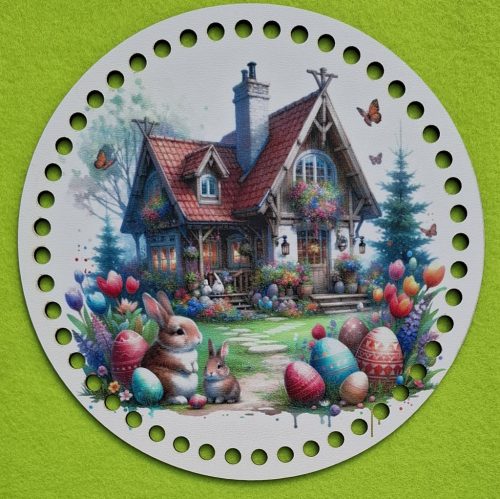 19,5cm Baza din lemn imprimata crosetabila cu gaura de 7 mm, casuta maro în fundal, iepurasi si ouaiîn fata. 1bucata/pachet, grosime 2,5mm.