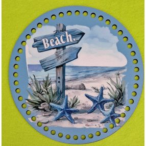   19,5cm Baza din lemn imprimata crosetabil, stea de mare albastra plaja. Gaura de 7 mm, 1 buc., 19,5 cm, grosime de 2,5 mm.  