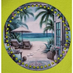   19,5cm Baza din lemn imprimata crosetabil cu palmier si usa cu vedere la mare, cu gaura de 7 mm, 1 buc., 19,5 cm, grosime 2,5 mm  