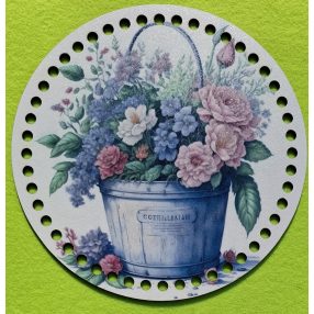   19,5cm Baza din lemn imprimata crosetabila cu gaura de 7 mm Buchet de flori cu galeata metalica si inscriptia Buna ziua, primavara. 1bucata/pachet, 19,5cm, grosime 2,5mm  