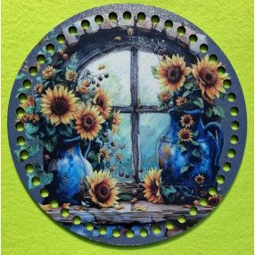   19,5cm Baza din lemn imprimata crosetabila cu gaura de 7 mm Floarea-soarelui în fereastra întro vaza albastra 1 buc/pachet 19,5 cm grosime 2,5 mm  