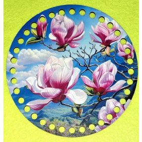   19,5cm Baza din lemn imprimata crosetabil cu gaura de 7 mm Fluture și floare albastre 1 buc. 19,5 cm grosime 2,5 mm  