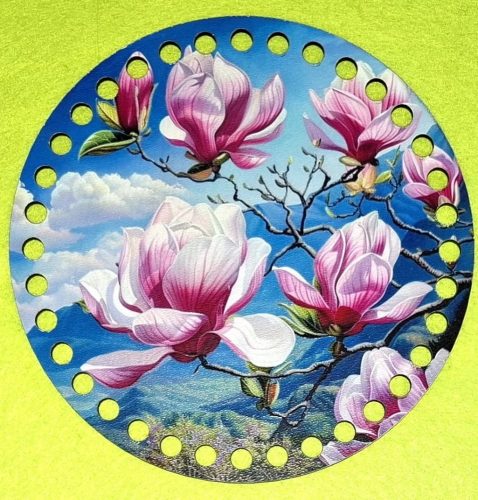 19,5cm Baza din lemn imprimata crosetabil cu gaura de 7 mm Fluture și floare albastre 1 buc. 19,5 cm grosime 2,5 mm  