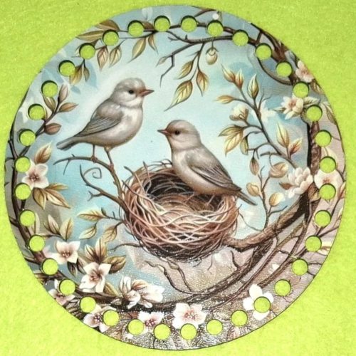 19,5cm Baza din lemn imprimata crosetabil cu gaura de 7 mm Cuplu de pasari cu cuib 1 buc. 19,5 cm grosime 2,5 mm  