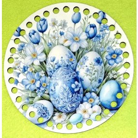   19,5cm Baza din lemn imprimata crosetabila cu ou albastru brodat cu gaura de 7 mm, 1 buc., 19,5 cm, grosime 2,5 mm  