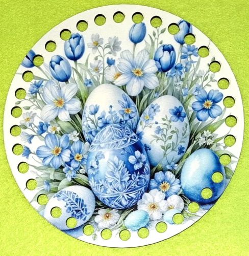 19,5cm Baza din lemn imprimata crosetabila cu ou albastru brodat cu gaura de 7 mm, 1 buc., 19,5 cm, grosime 2,5 mm  