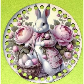   19,5cm Baza din lemn imprimata crosetabila cu gaura de 7 mm Iepuras alb cu floare roz 1 buc. 19,5 cm grosime 2,5 mm  