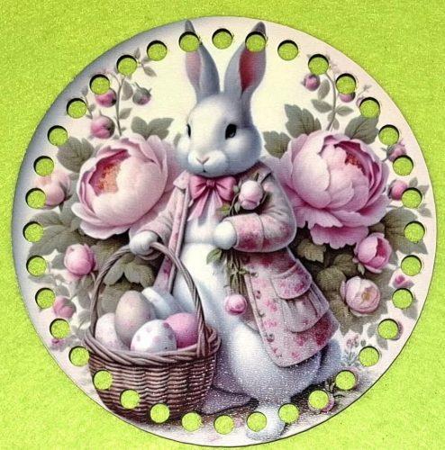 19,5cm Baza din lemn imprimata crosetabila cu gaura de 7 mm Iepuras alb cu floare roz 1 buc. 19,5 cm grosime 2,5 mm  