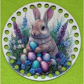   19,5cm Baza din lemn imprimata crosetabila cu gaura de 7 mm Iepuras cu ou în mână printre flori 1 buc/pachet 19,5 cm grosime 2,5 mm  