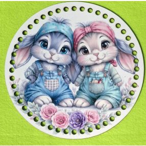   Bază din lemn imprimată pentru croșetat, 19,5 cm, cu găuri de 7 mm, model pereche de iepurași drăguți – 1 buc. – diametru 19,5 cm, grosime 2,5 mm.