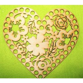    18,5x18cm Inima din lemn natural cu flori, cu orificiu mare de 7,5 mm, 1 buc., grosime 3 mm