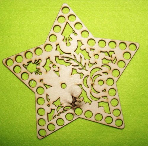 15x14cm Stea crosetabila din lemn natural cu motive florale, gaura de 8 mm, grosime 1 buc. 3 mm