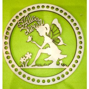   22cm Baza circulara croswetabila din lemn natural cu gaura de 7 mm Zână în pajiște cu inscriptia Bună ziua, primăvară, 1 buc. grosime 3 mm