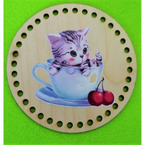   11,3 cmBaza din lemn crosetabil rotund imprimat tabla cu pisica in ceasca. Cu gaura de 4,5mm, 11,3cm, grosime 3mm