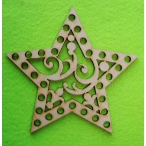   12,5x12cm Baza din lemn natural crosetabil in forma de stea oranamentala. Cu gaura de 6 mm, 1 bucata, grosime 3mm