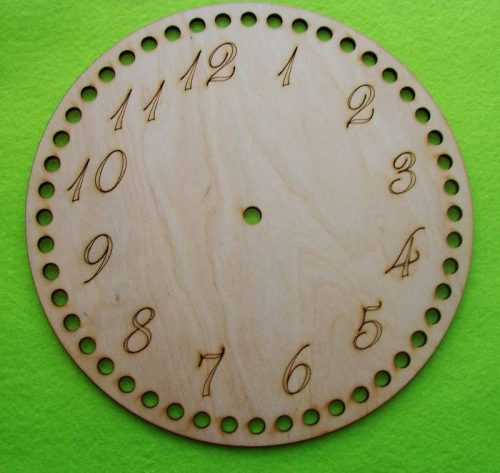 21,5cm Cadran rotund de ceas numerotat din lemn natural, baza crosetabila din lemn, cu gaura de 7,5 mm, grosime 1 buc. 3 mm