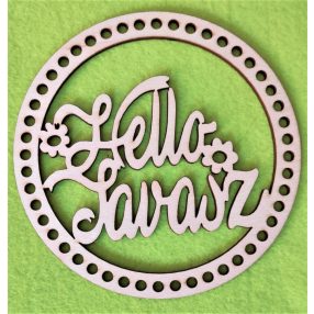   22cm Baza circulara crosetabila din lemn natural cu gaura de 7 mm Hello Spring cu inscriptie ajurata 1 buc. grosime 3 mm