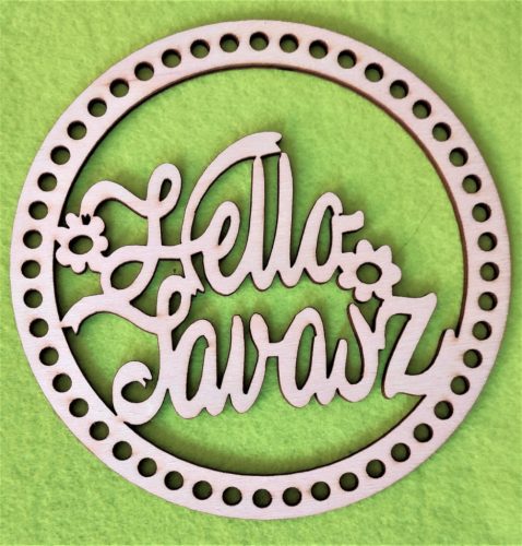 22cm Baza circulara crosetabila din lemn natural cu gaura de 7 mm Hello Spring cu inscriptie ajurata 1 buc. grosime 3 mm