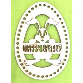   15x21cm Iepuras cu ou crosetabil din lemn natural cu tabla Paște Fericit,  gaura de 6 mm, 1 buc., grosime 3 mm