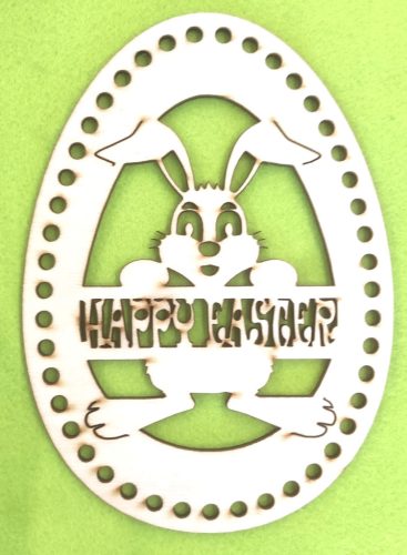 15x21cm Iepuras cu ou crosetabil din lemn natural cu tabla Paște Fericit,  gaura de 6 mm, 1 buc., grosime 3 mm
