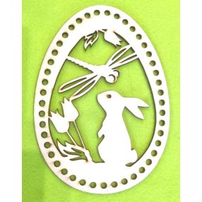    15x21cm Iepuras cu ou crosetabil din lemn natural cu libelula, gaura 6mm, 1 buc., grosime 3mm